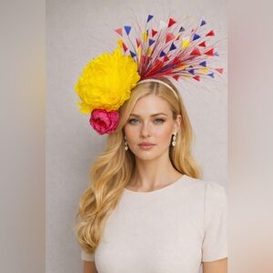 Kentucky Derby Oaks Hat Fascinator Peony Floral Feather Oaks Church Tea Headband